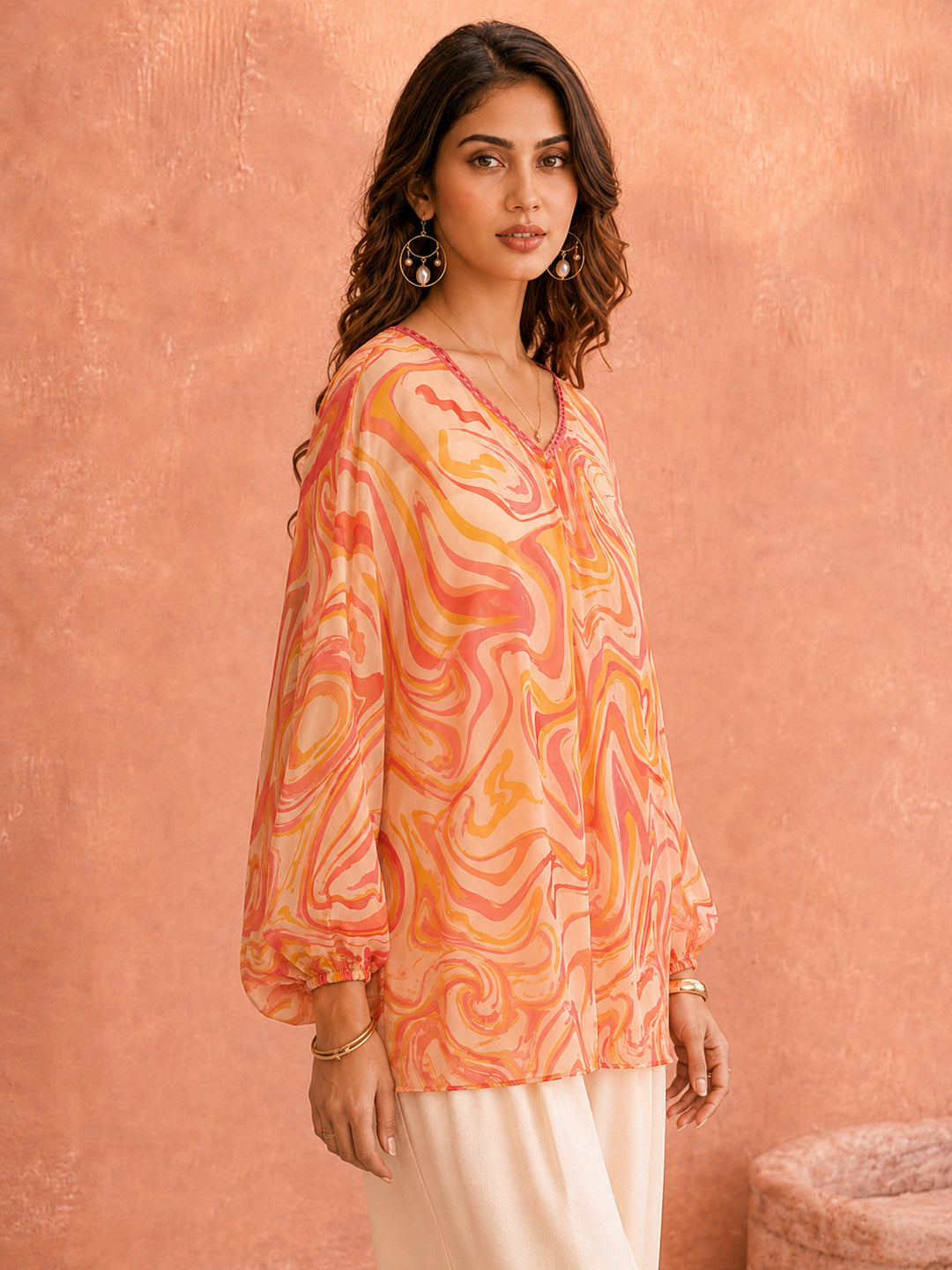 Pspeaches Women Georgette Full Sleeves V-Neck Abstract Print Top With Camisole - Orange