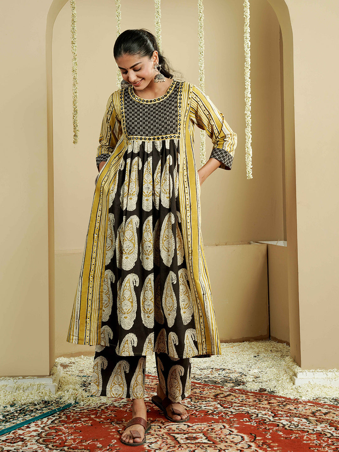 Green Ajrakh Embroidered Cotton Kurta