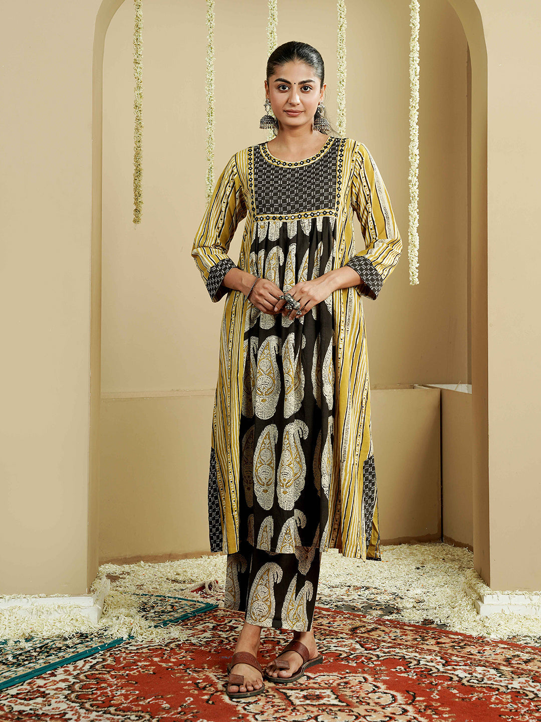Green Ajrakh Embroidered Cotton Kurta