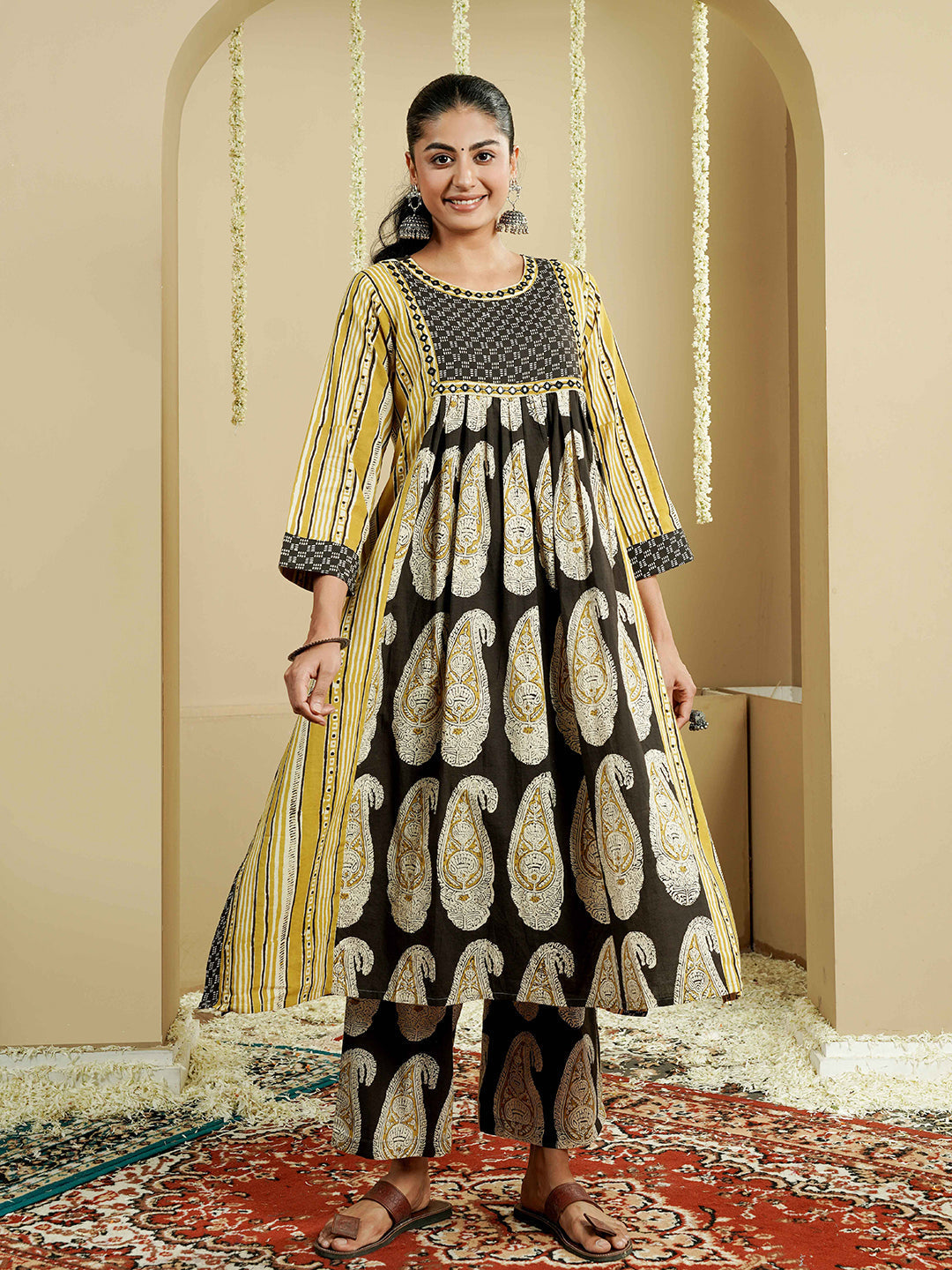 Green Ajrakh Embroidered Cotton Kurta