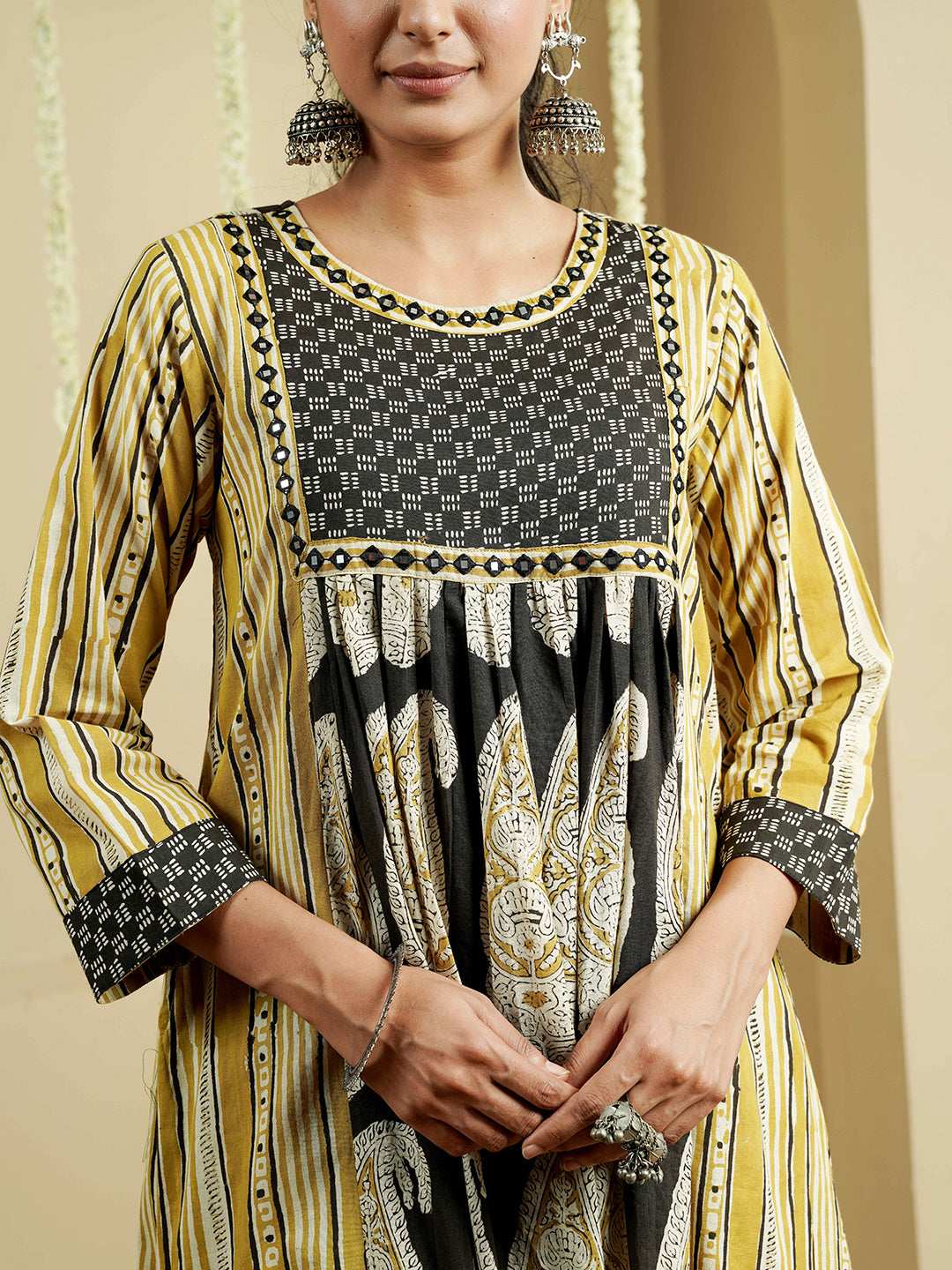 Green Ajrakh Embroidered Cotton Kurta