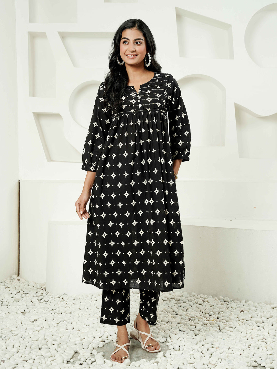 Black Kantha Embroidered Cotton Kurta Set