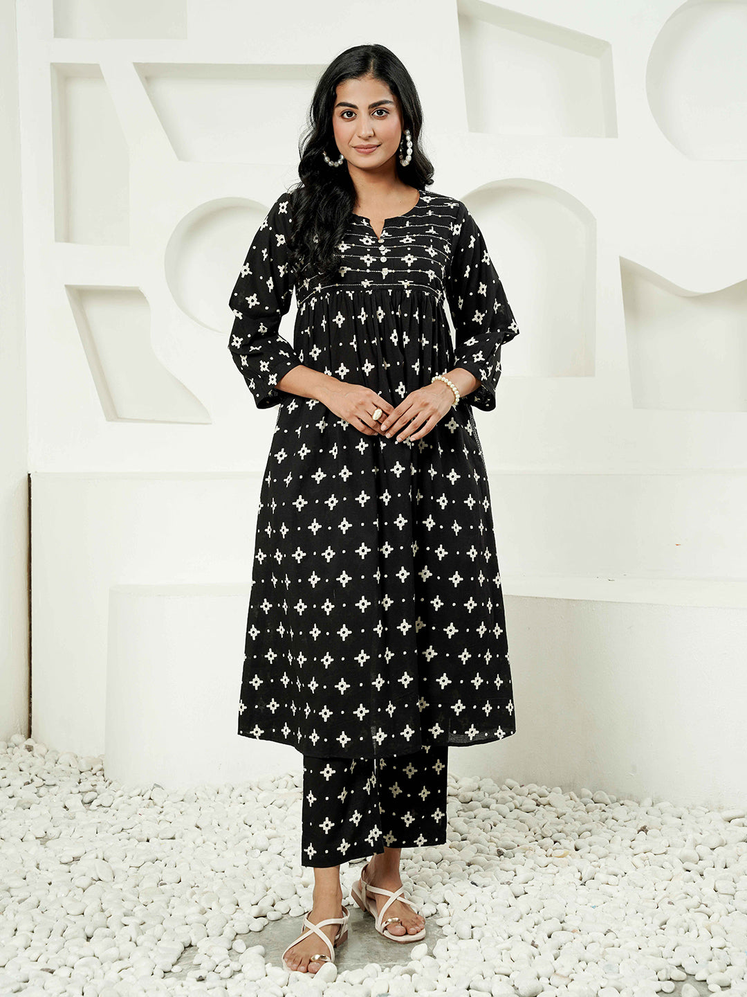 Black Kantha Embroidered Cotton Kurta Set
