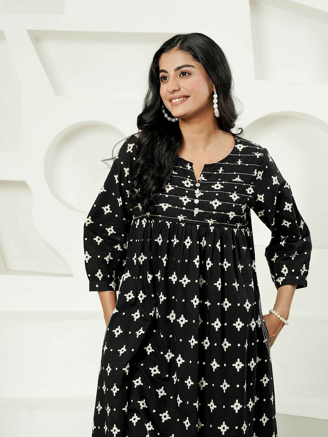 Black Kantha Embroidered Cotton Kurta Set
