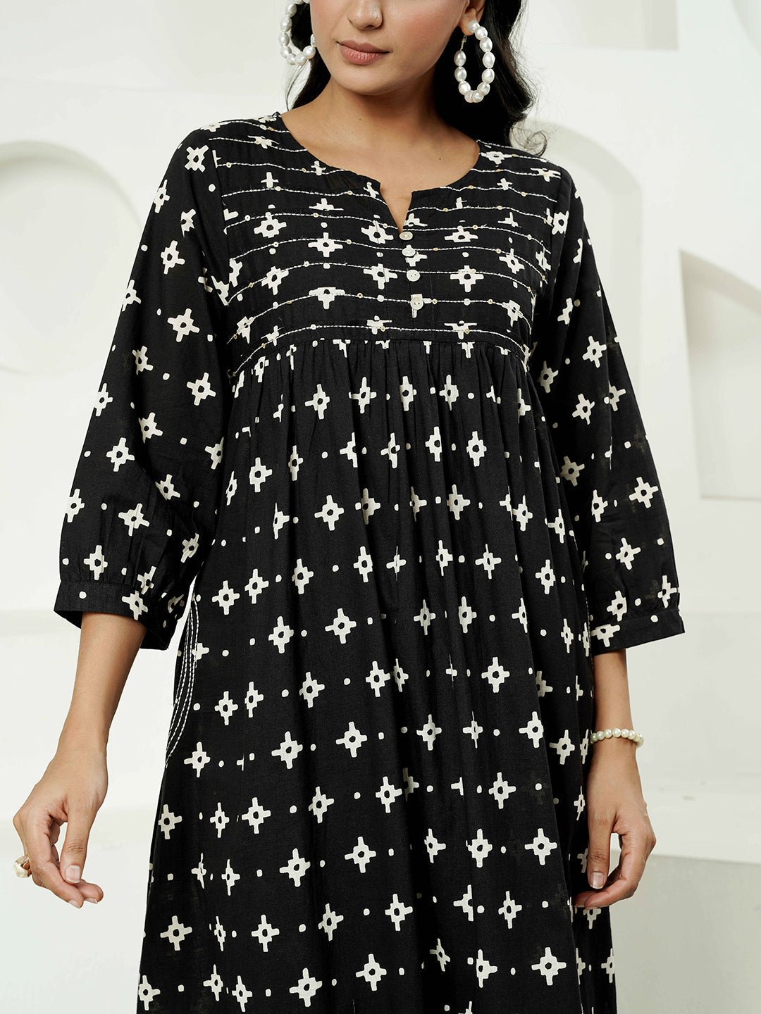 Black Kantha Embroidered Cotton Kurta Set