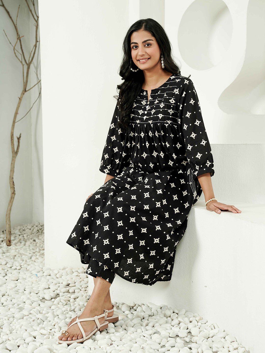 Black Kantha Embroidered Cotton Kurta Set