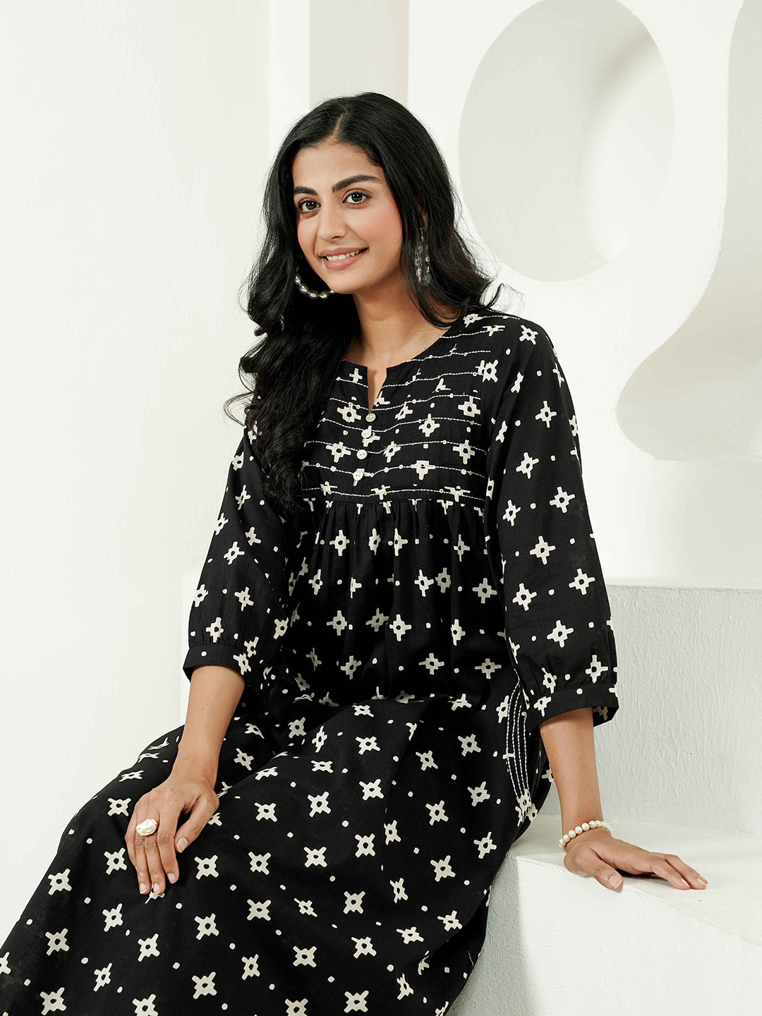 Black Kantha Embroidered Cotton Kurta Set