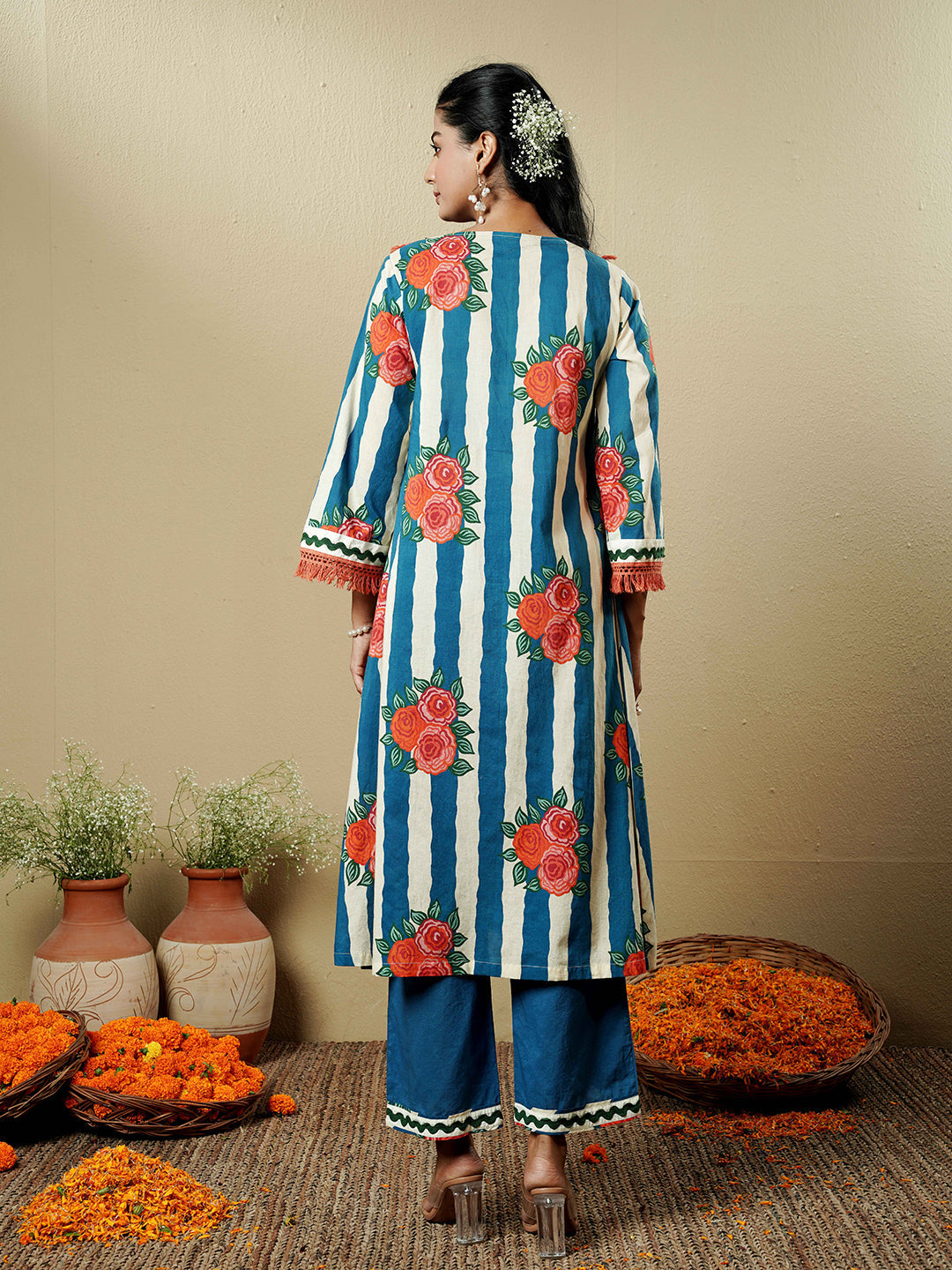Blue Floral Stripe Lace Trim Cotton Kurta Set