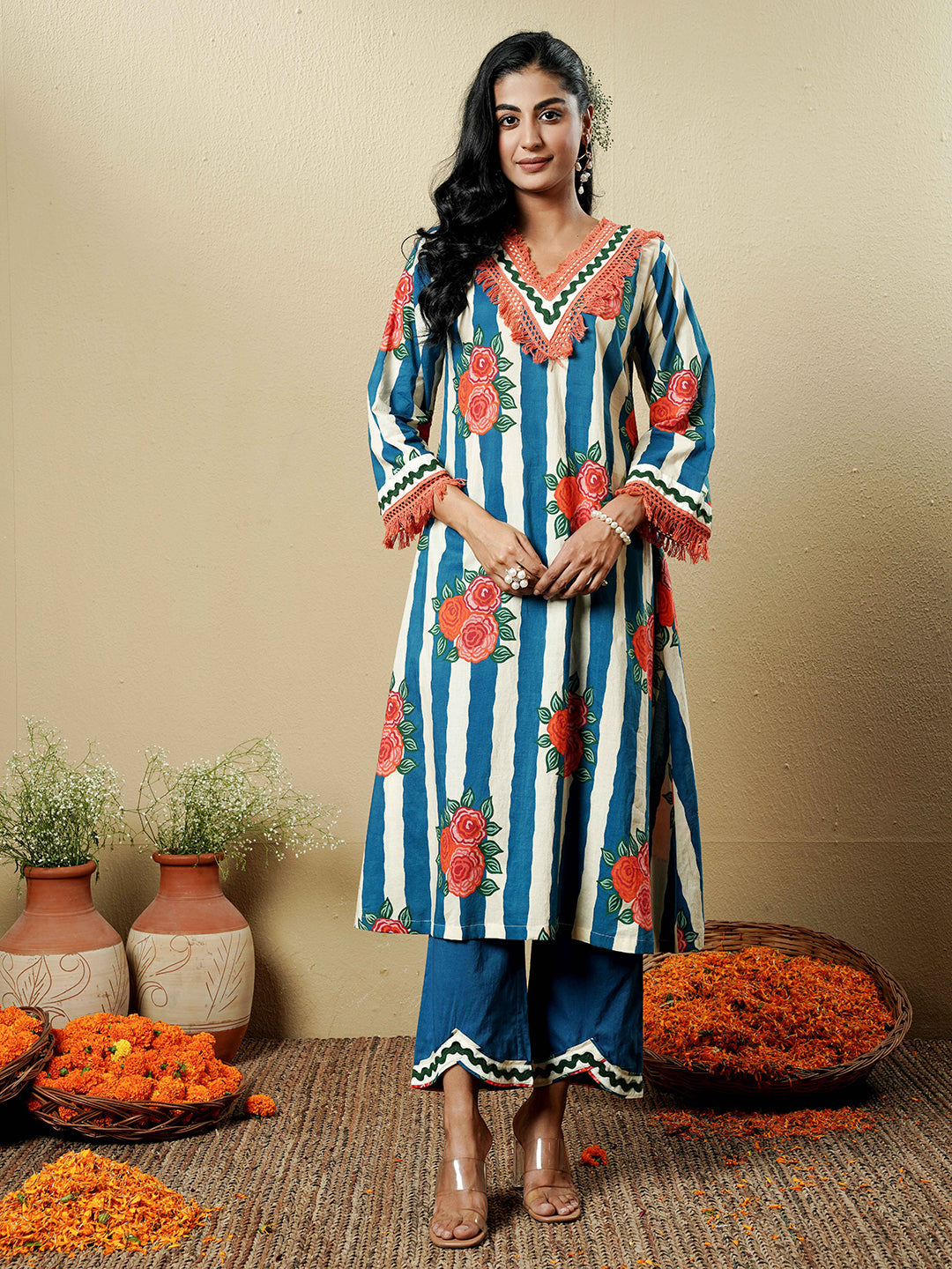 Blue Floral Stripe Lace Trim Cotton Kurta Set