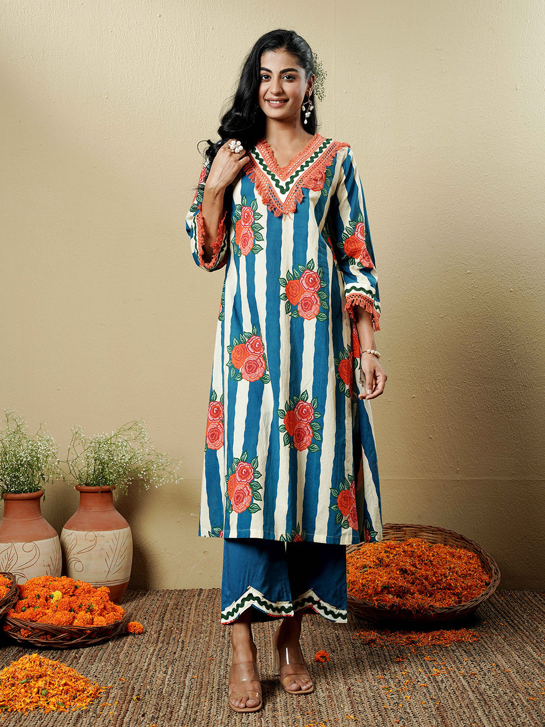 Blue Floral Stripe Lace Trim Cotton Kurta