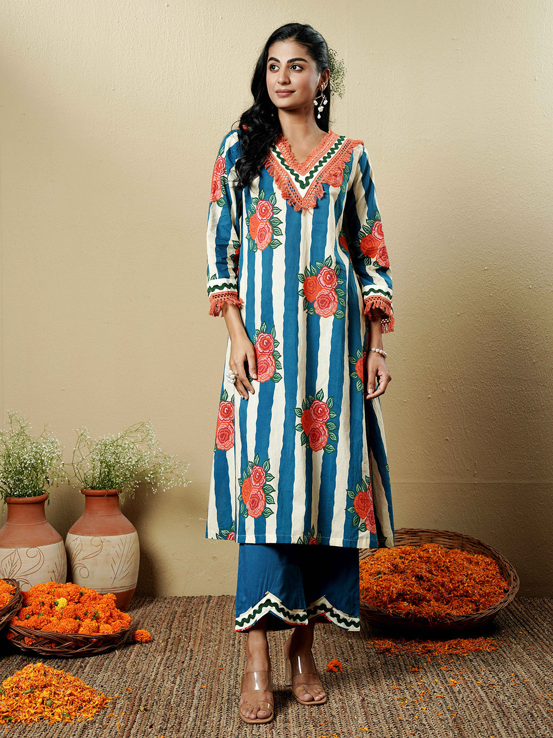 Blue Floral Stripe Lace Trim Cotton Kurta Set