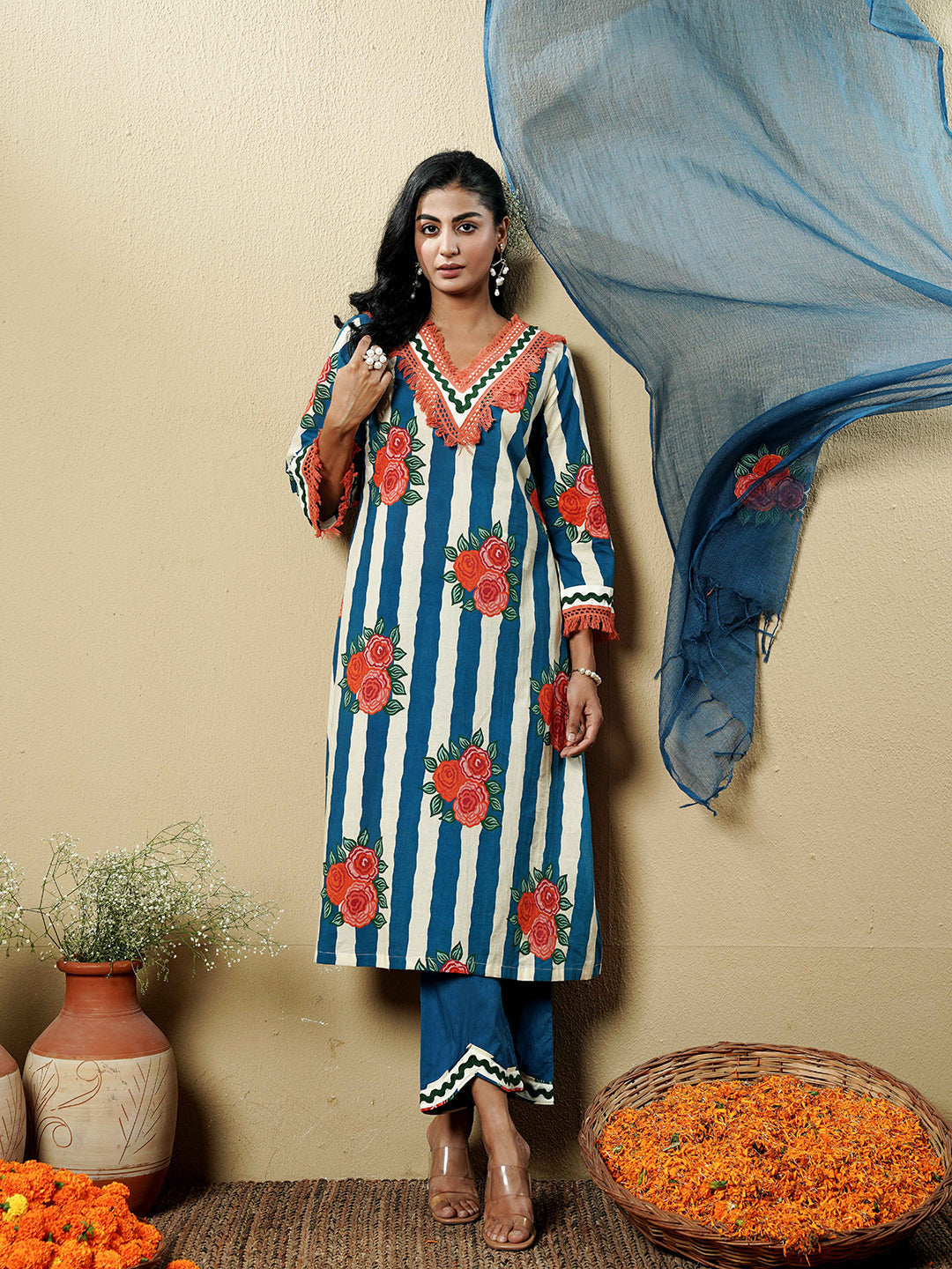 Blue Floral Stripe Lace Trim Cotton Kurta Set