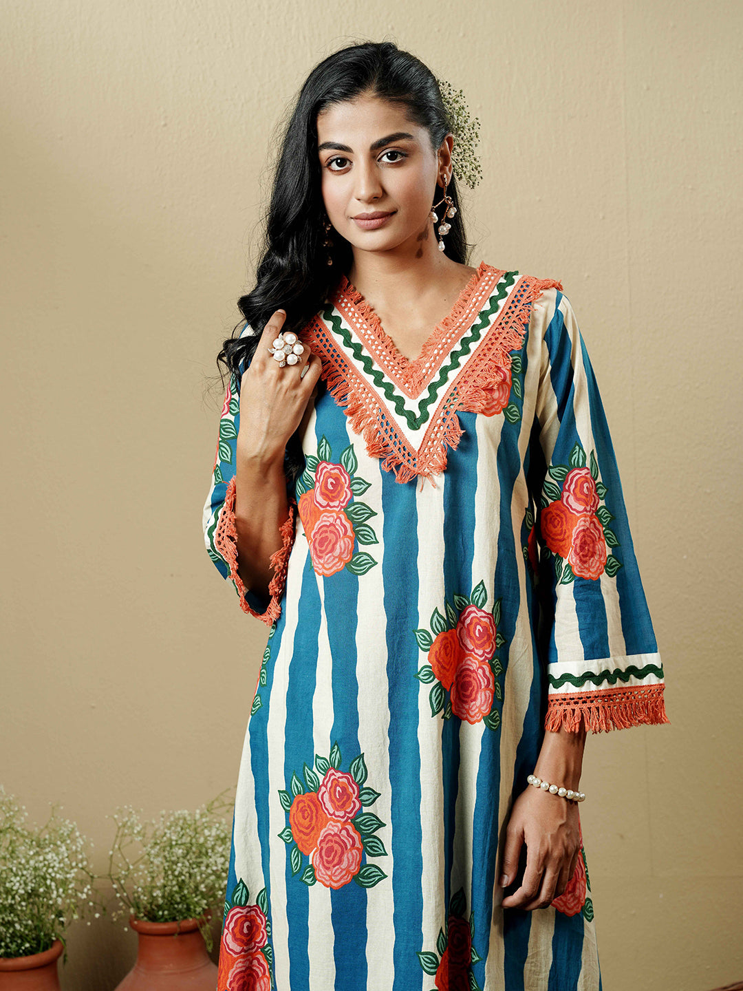 Blue Floral Stripe Lace Trim Cotton Kurta Set