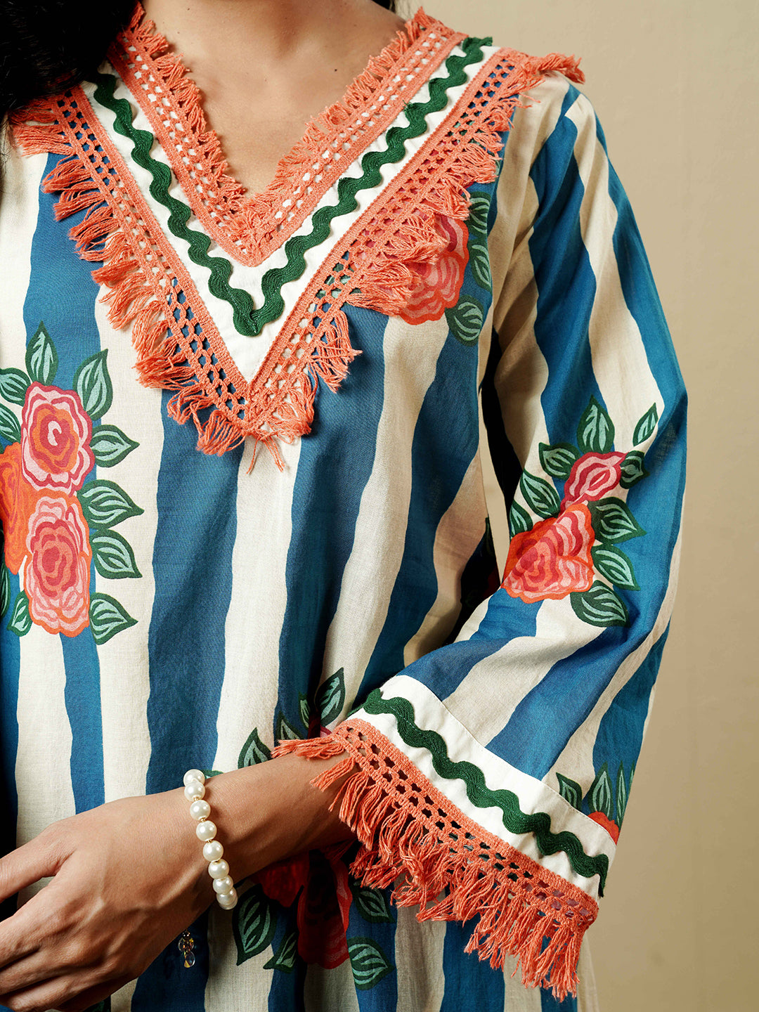Blue Floral Stripe Lace Trim Cotton Kurta Set