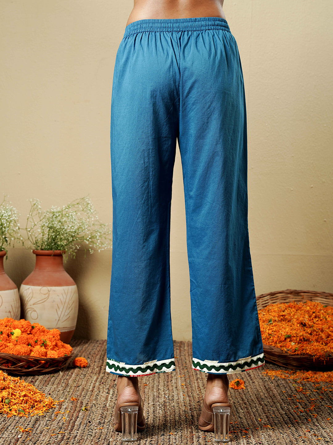 Blue Floral Stripe Lace Trim Cotton Kurta Set