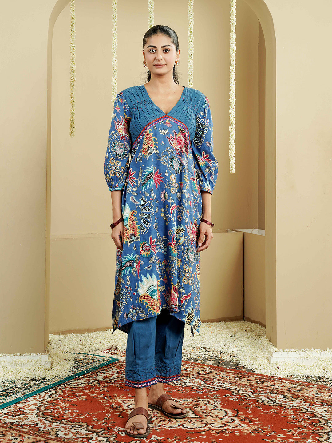 Blue Floral Motif Printed Cotton Kurta Set
