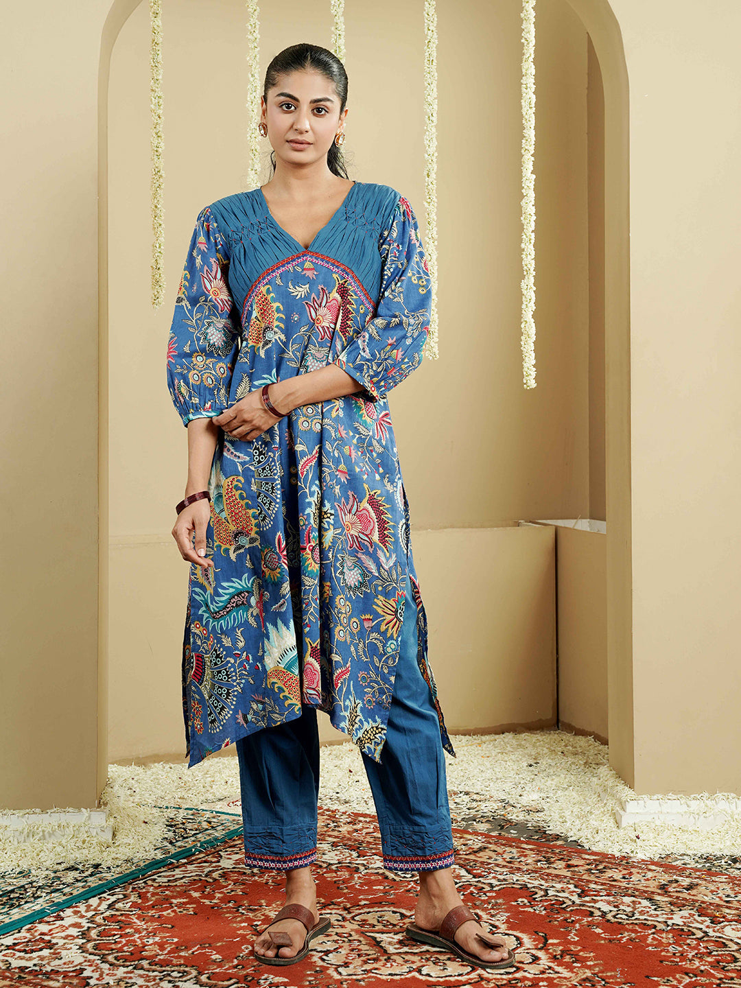 Blue Floral Motif Printed Cotton Kurta Set