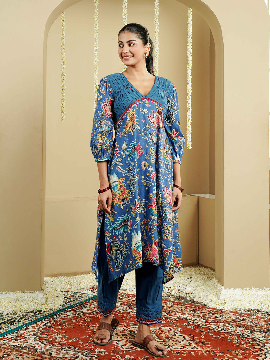 Blue Floral Motif Printed Cotton Kurta Set
