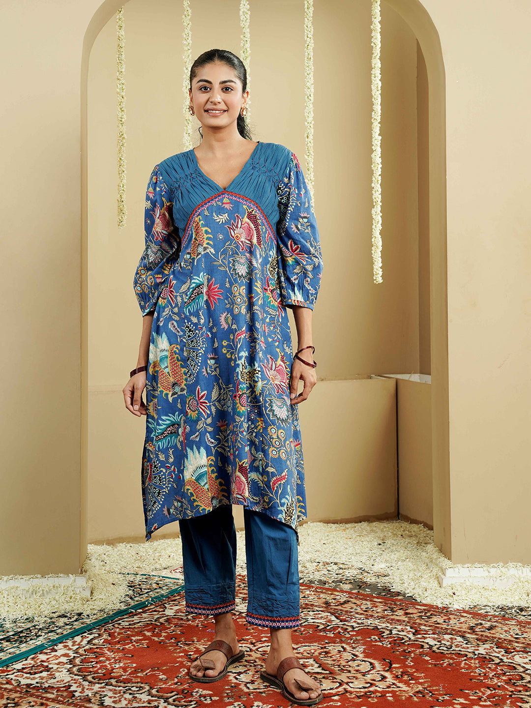 Blue Floral Motif Printed Cotton Kurta