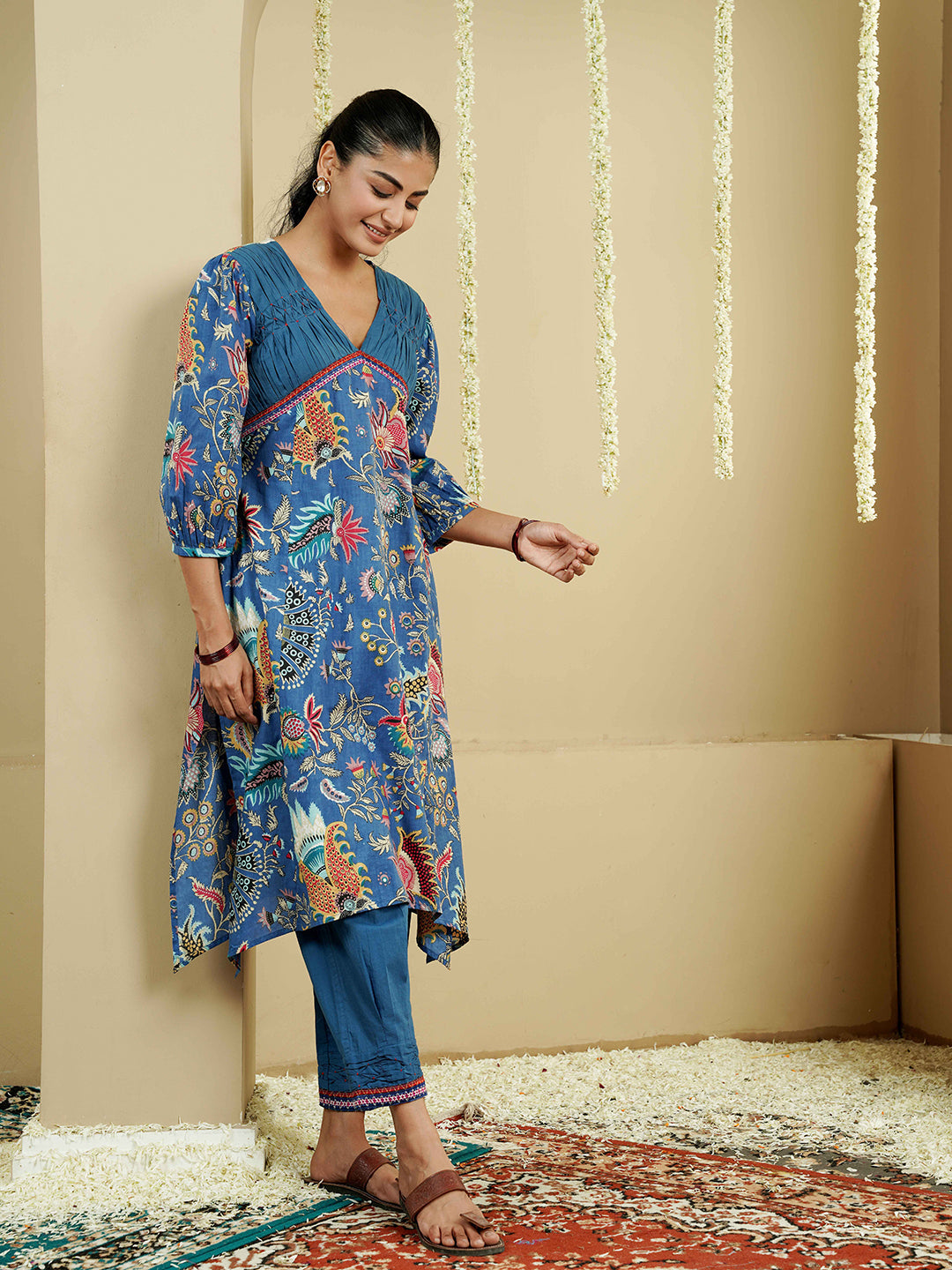 Blue Floral Motif Printed Cotton Kurta Set