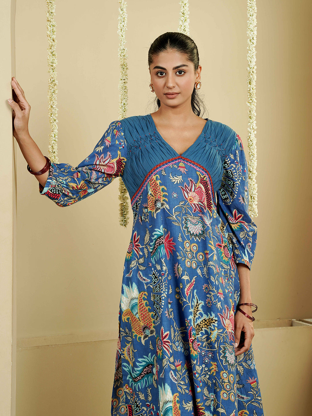 Blue Floral Motif Printed Cotton Kurta Set