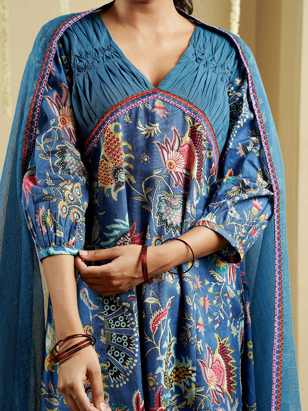 Blue Floral Motif Printed Cotton Kurta Set