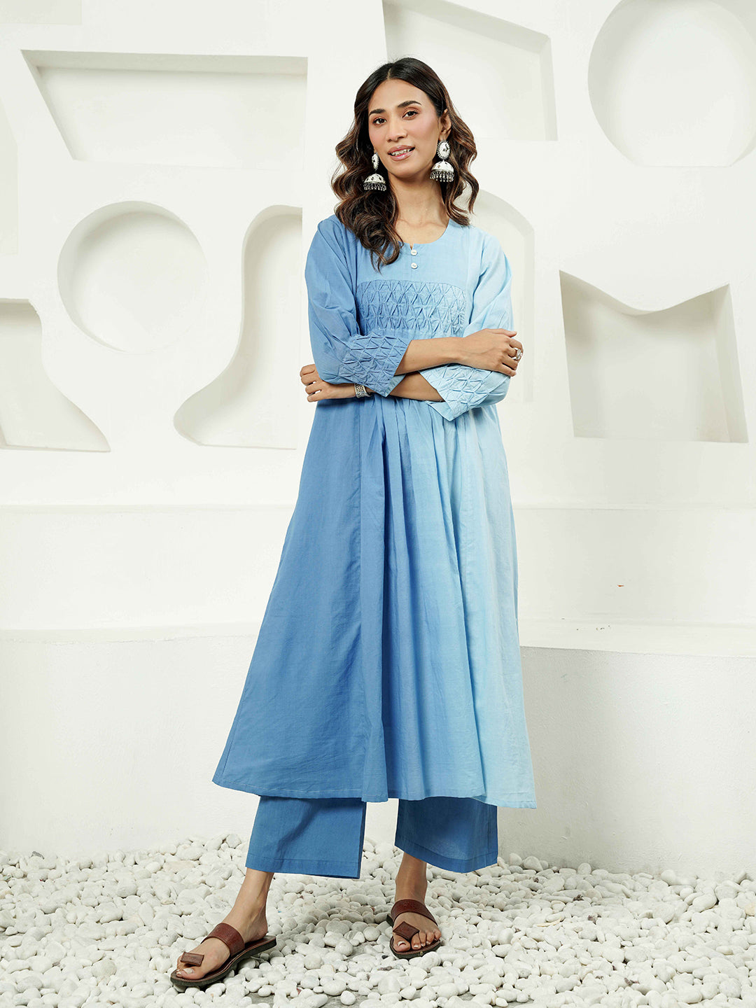 Blue Ombre Pintuck Detailing Cotton Kurta Set
