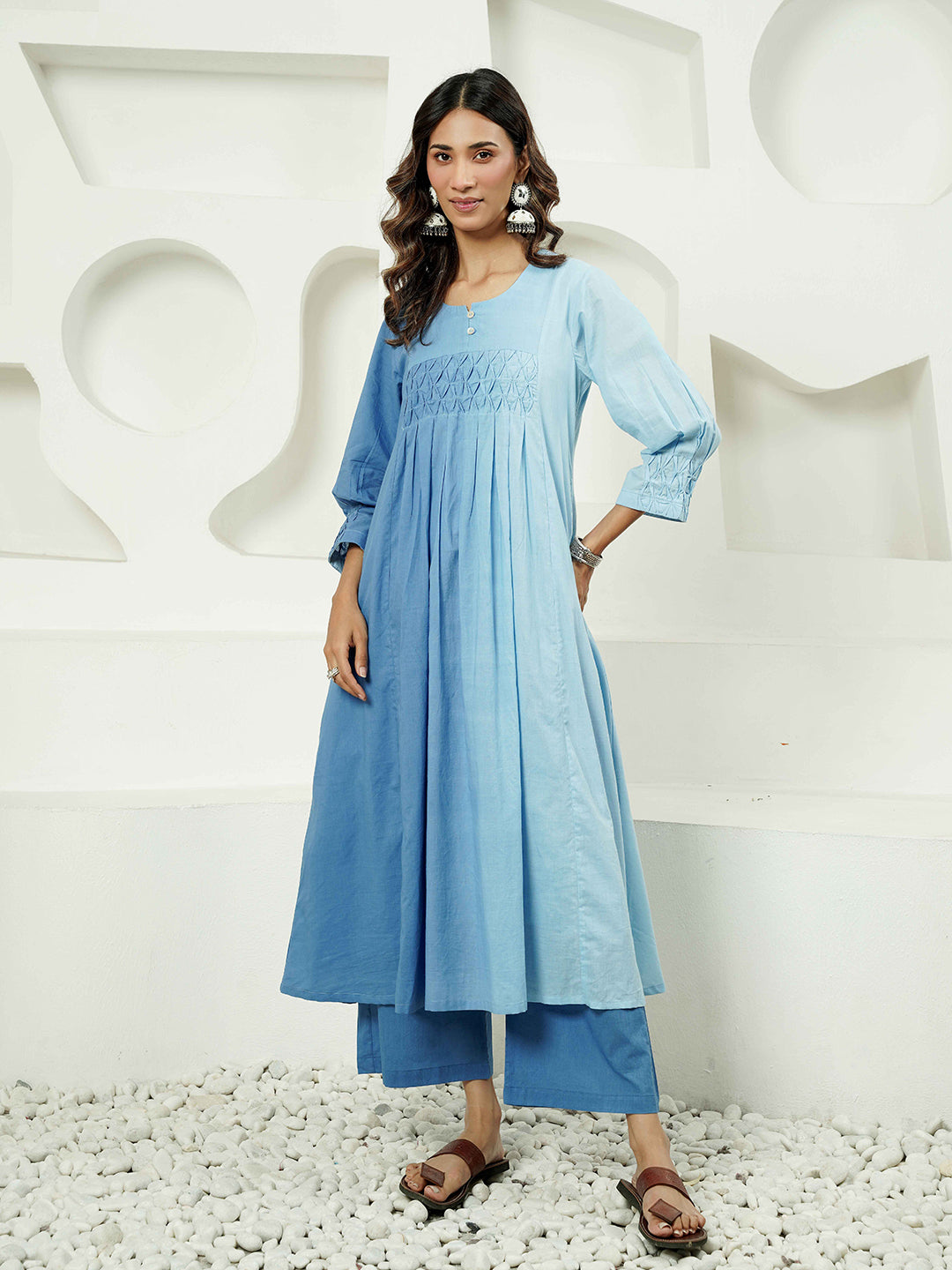 Blue Ombre Pintuck Detailing Cotton Kurta Set