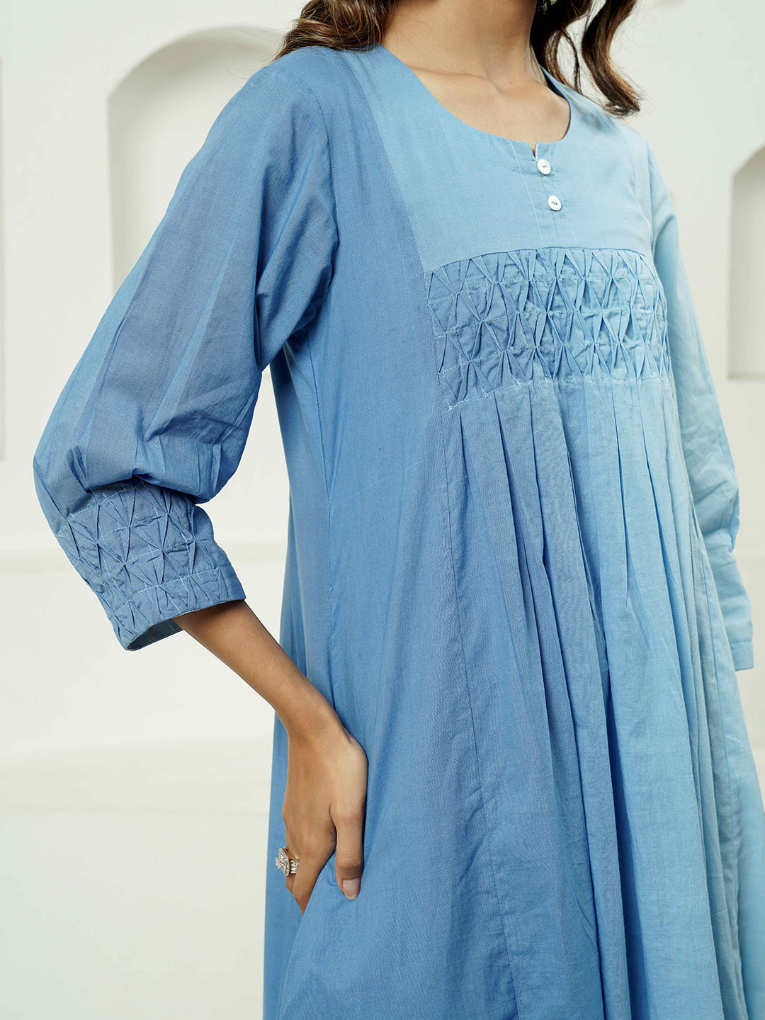 Blue Ombre Pintuck Detailing Cotton Kurta Set