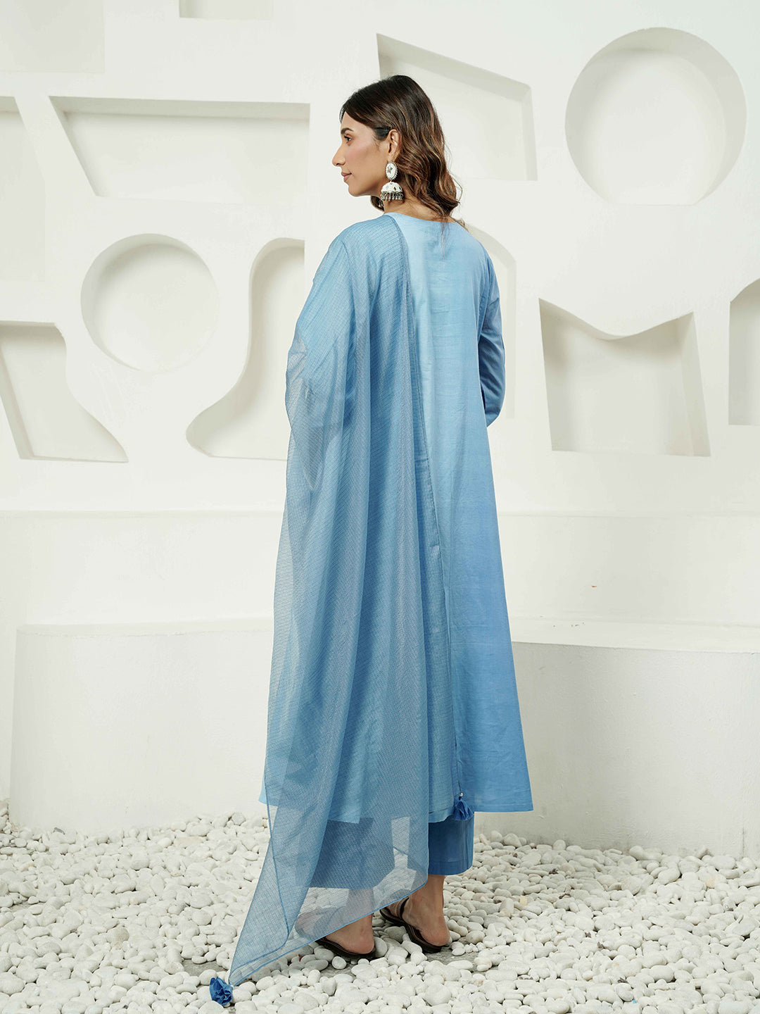 Blue Ombre Pintuck Detailing Cotton Kurta Set & Dupatta