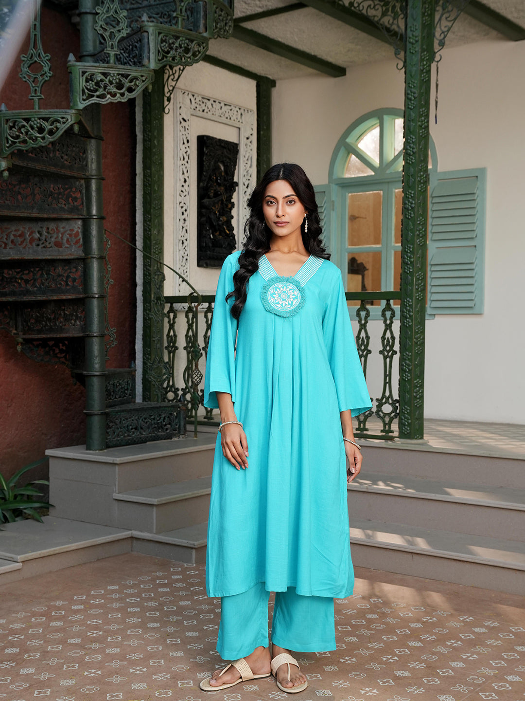 Turquoise Rayon Embroidered Yoke Kurta Set