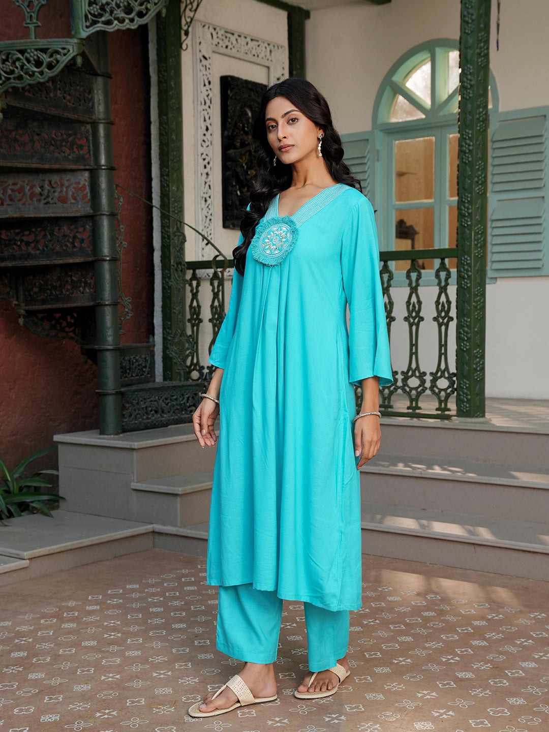 Turquoise Rayon Embroidered Yoke Kurta Set