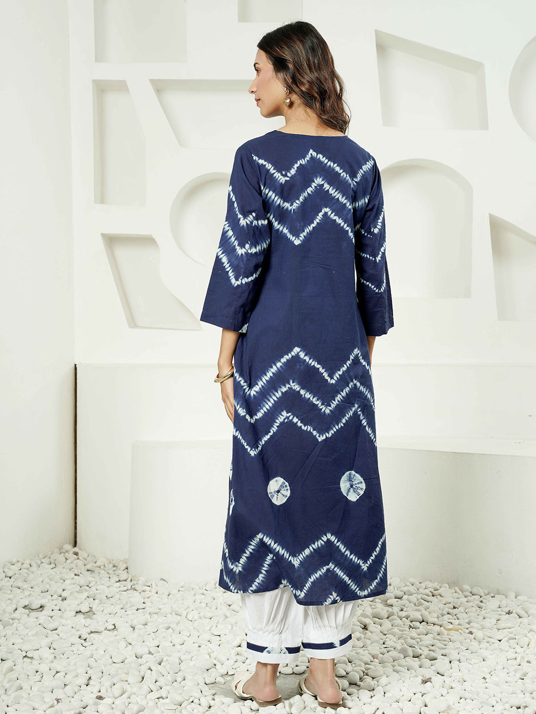 Blue Shibori Scallop Embroidered Cotton Kurta Set