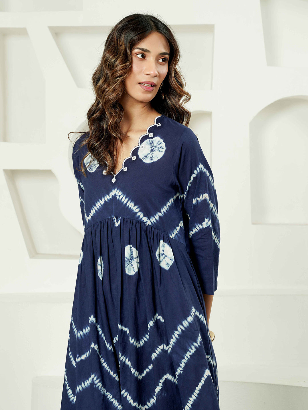 Blue Shibori Scallop Embroidered Cotton Kurta Set