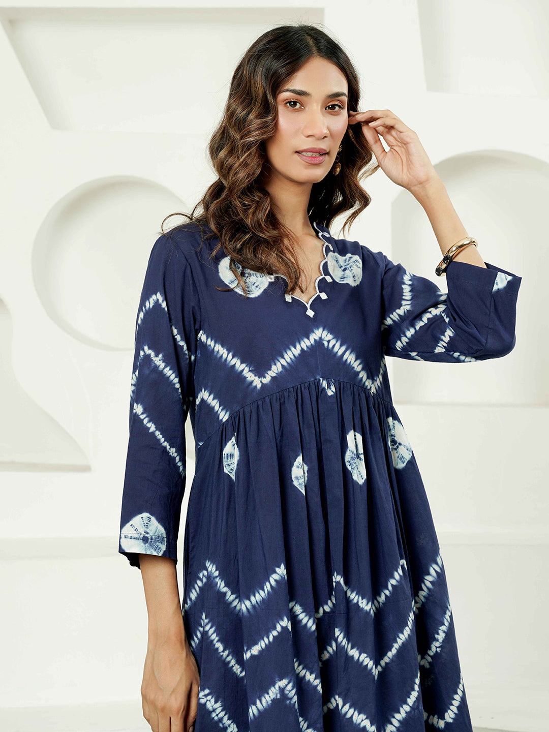 Blue Shibori Scallop Embroidered Cotton Kurta