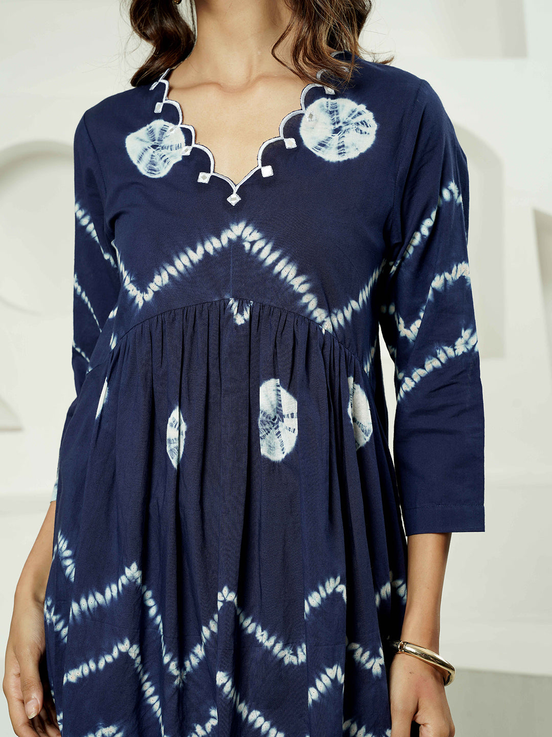 Blue Shibori Scallop Embroidered Cotton Kurta