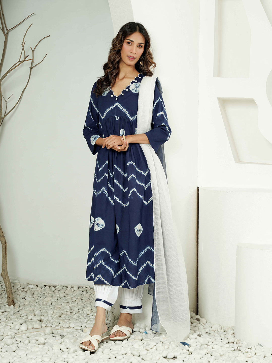 Blue Shibori Scallop Embroidered Cotton Kurta Set