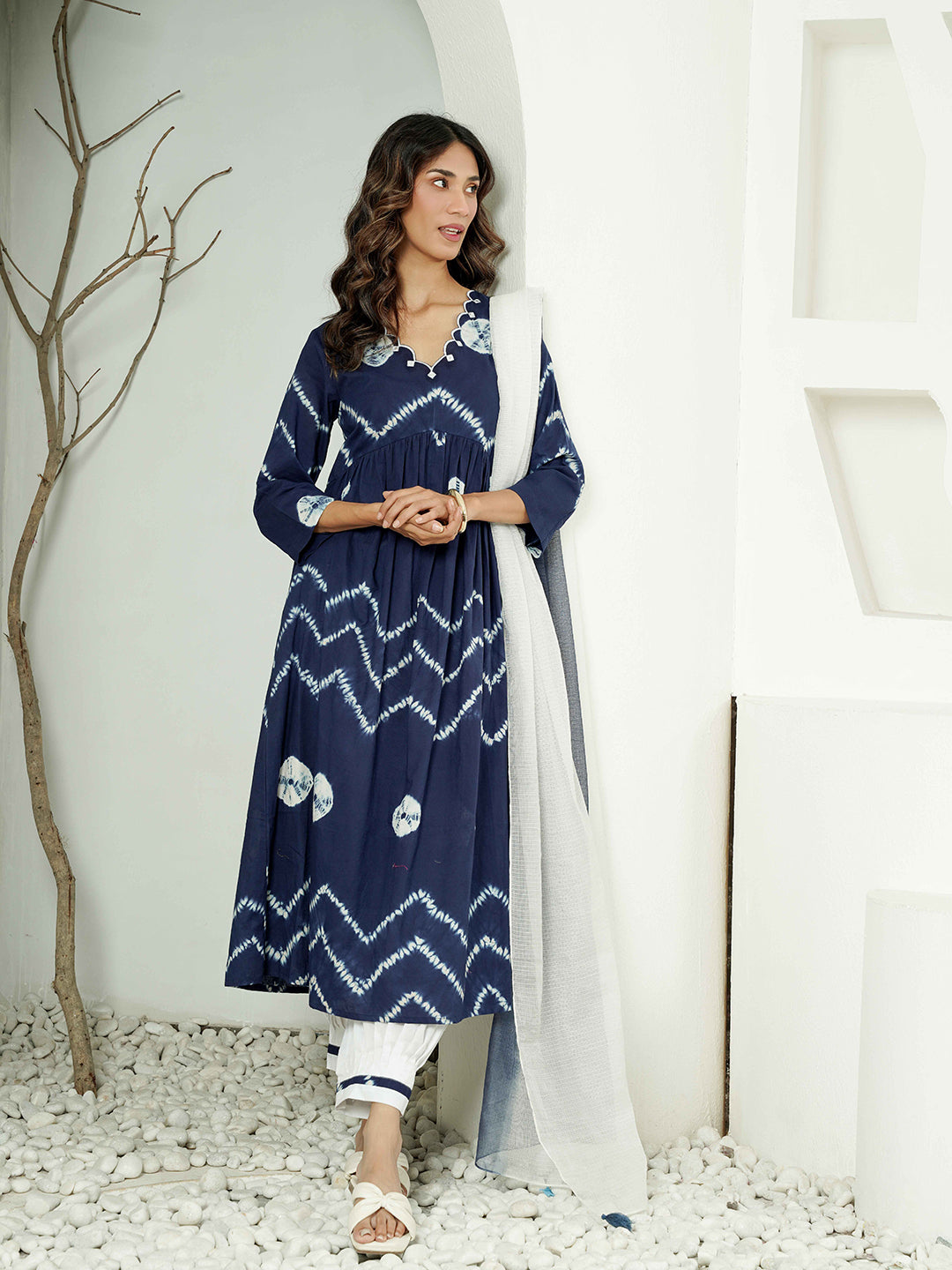 Blue Shibori Scallop Embroidered Cotton Kurta Set