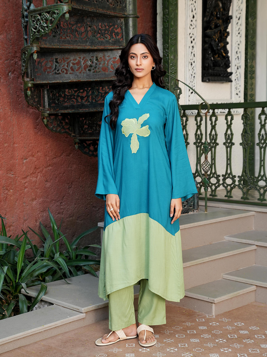 Teal Dual-Tone Patch Embroidered Kurta Set