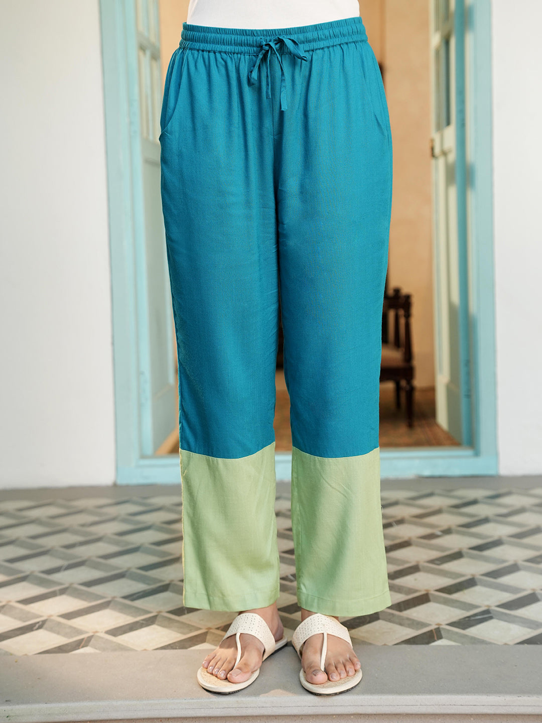 Teal Dual-Tone Patch Embroidered Kurta Set