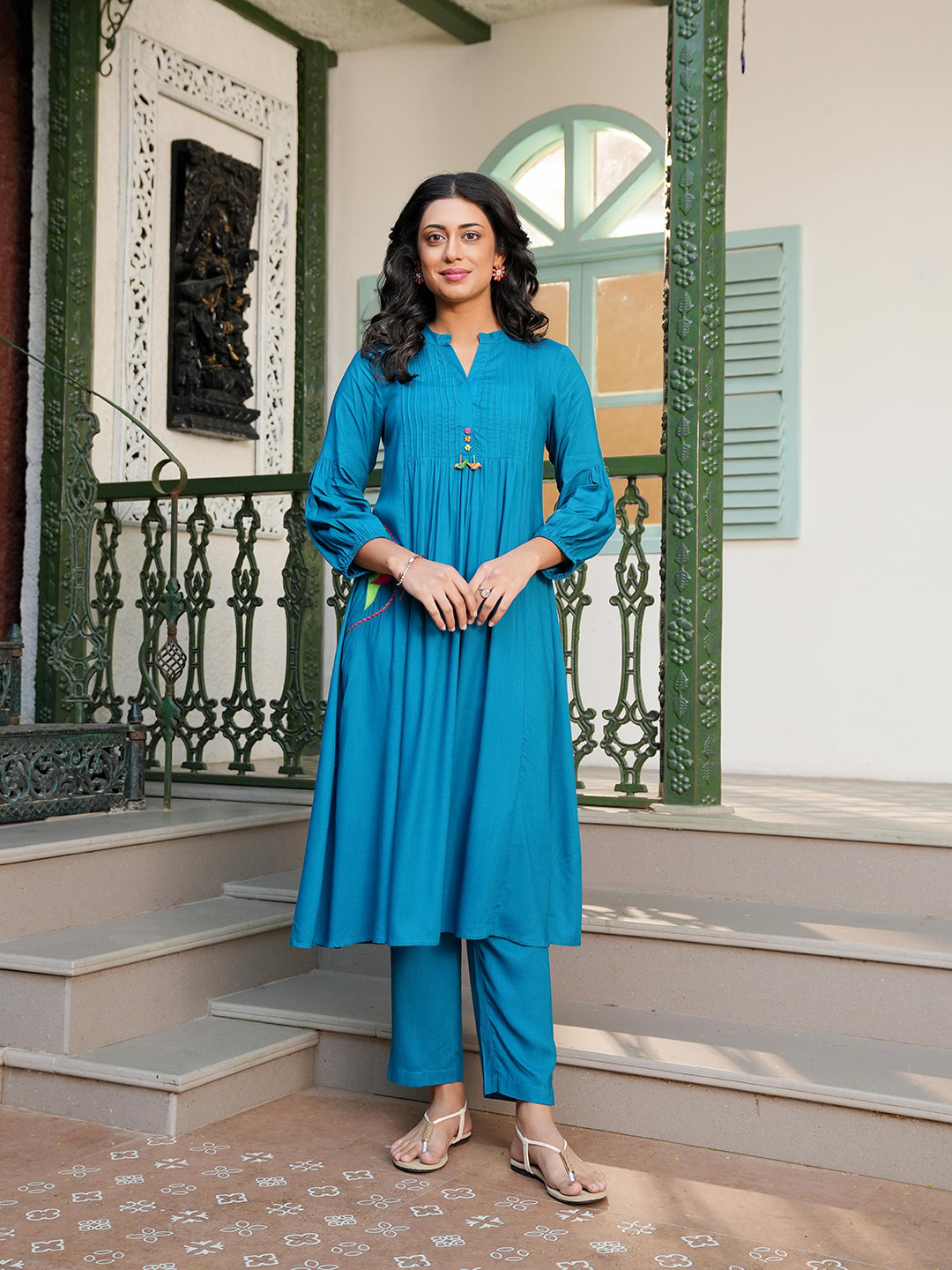 Teal Blue Rayon Embroidered Kurta Set