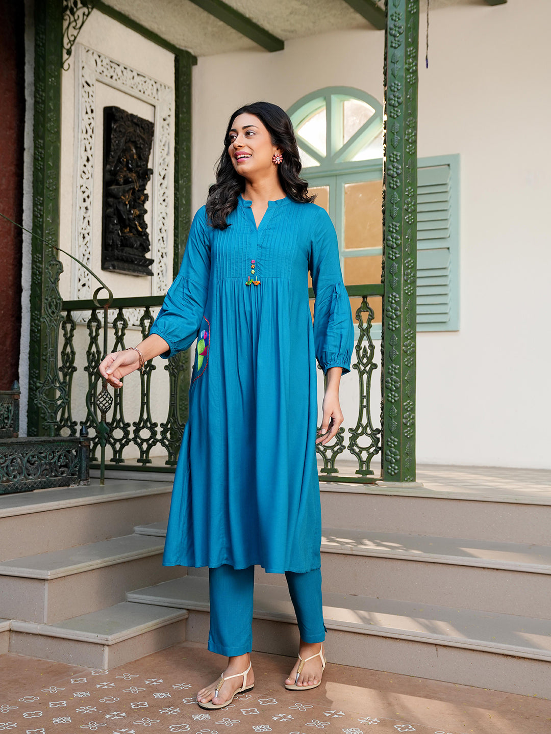teal blue embroidered co-ord set