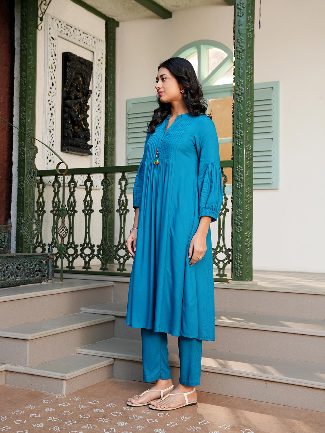 Teal Blue Rayon Embroidered Kurta Set
