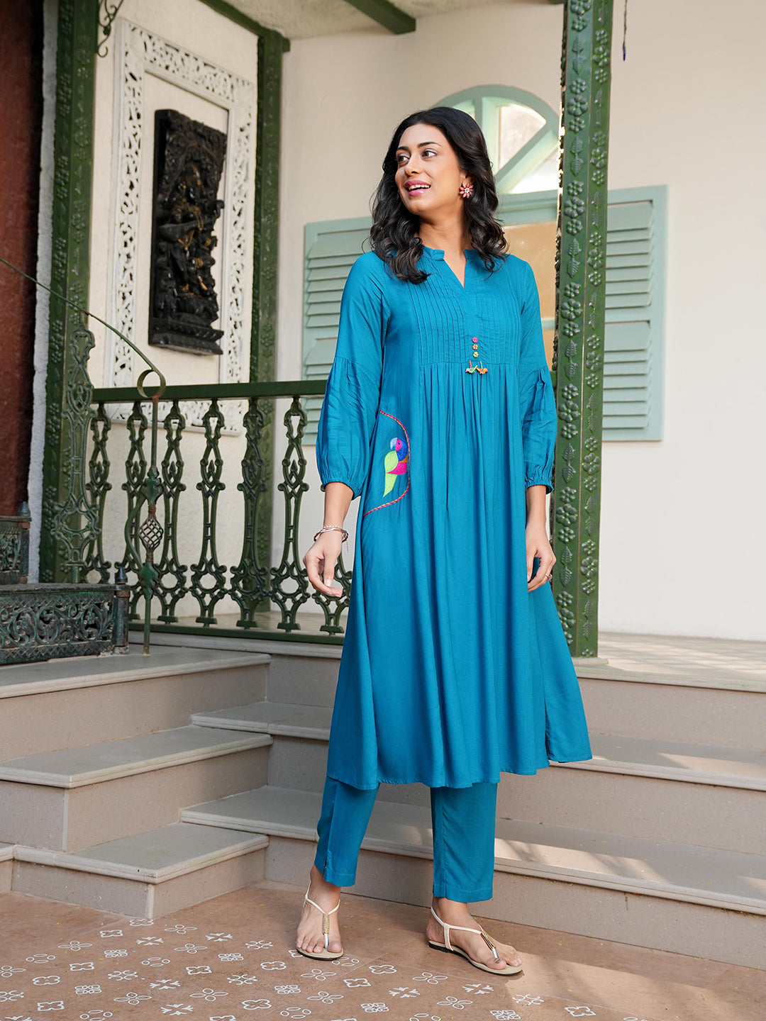 teal blue embroidered co-ord set