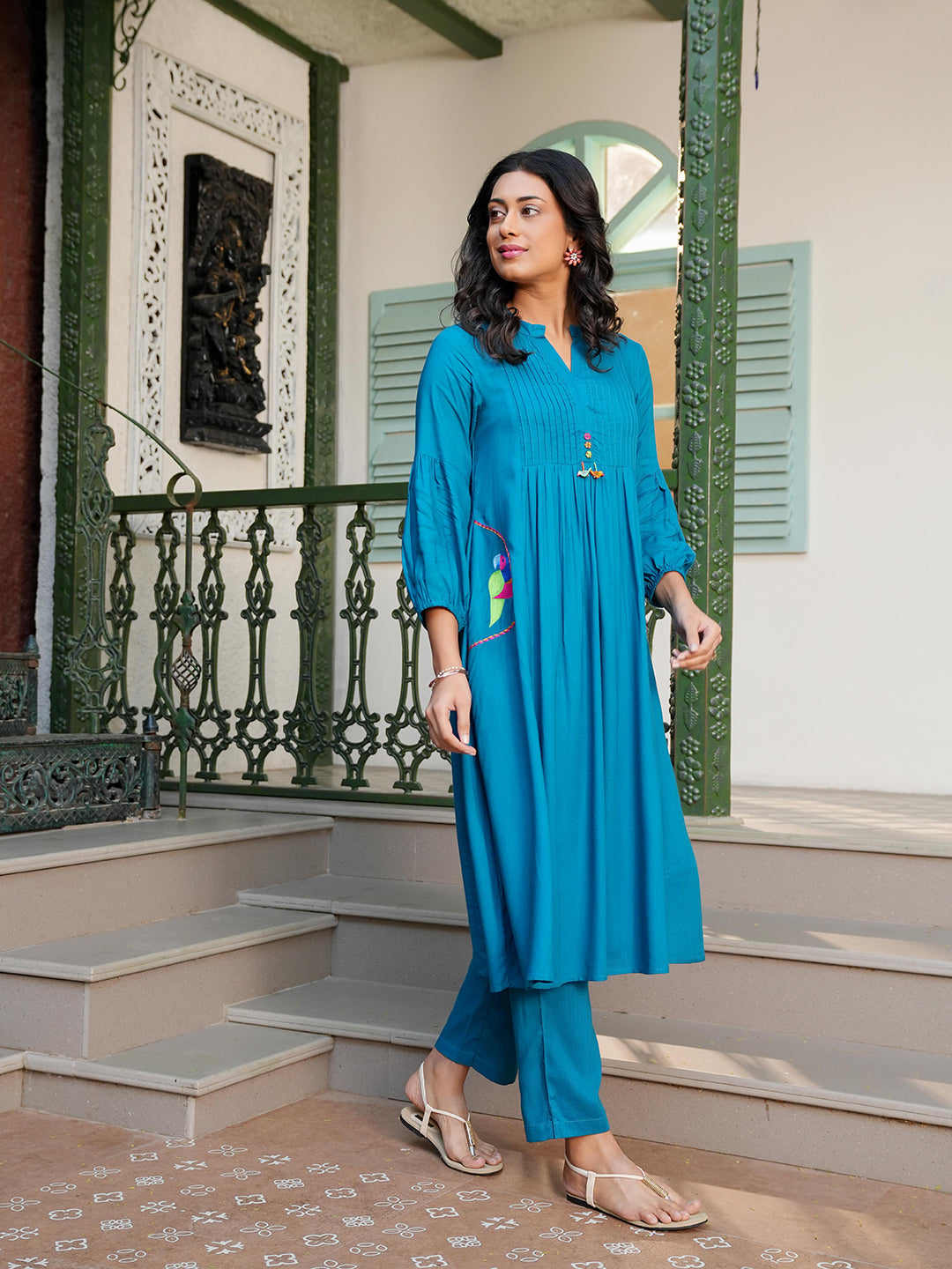 Teal Blue Rayon Embroidered Kurta Set