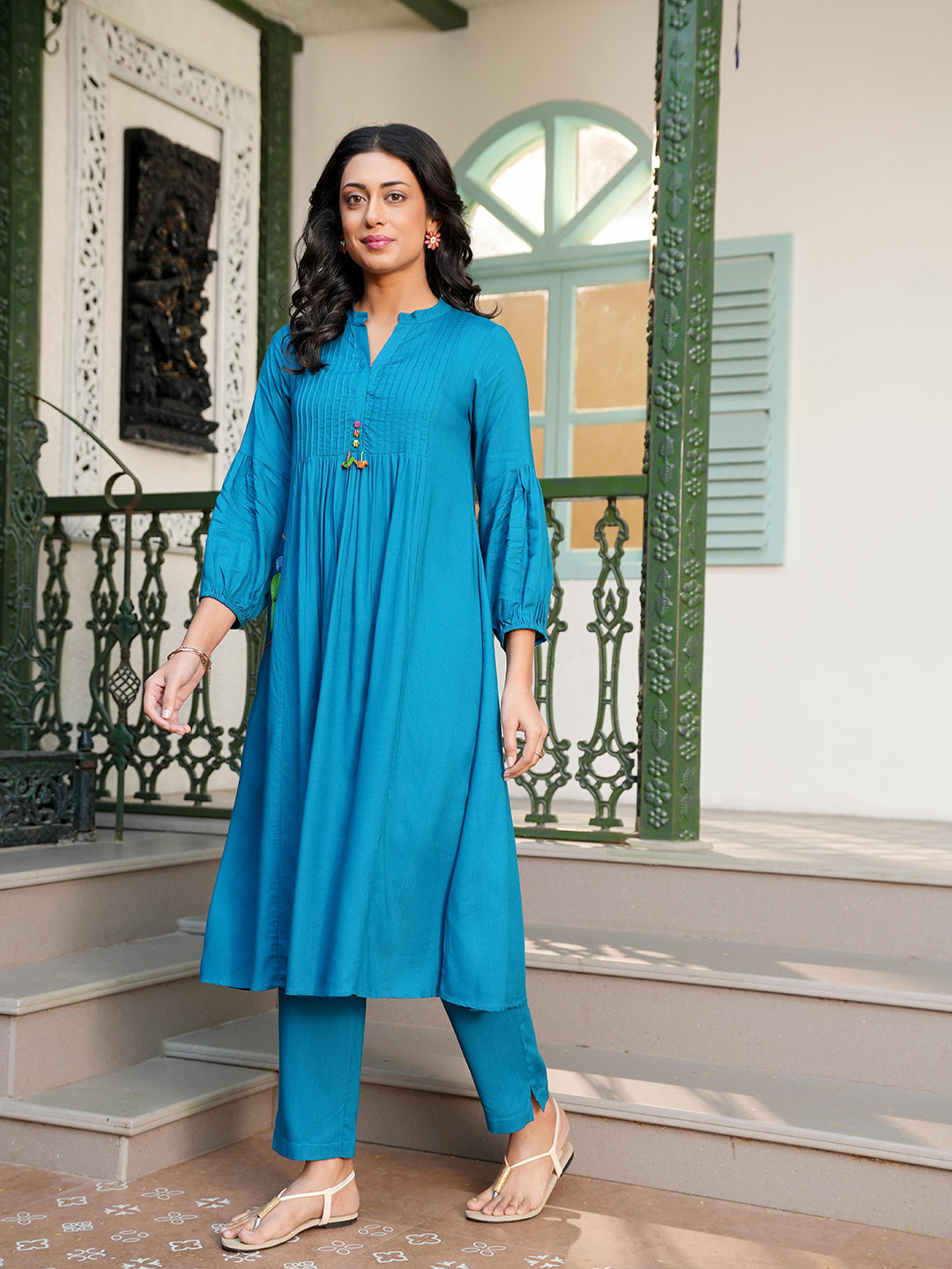 teal blue embroidered co-ord set