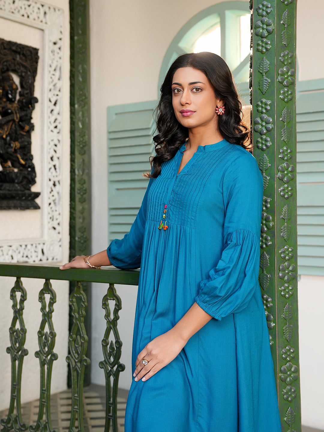 Teal Blue Rayon Embroidered Kurta Set