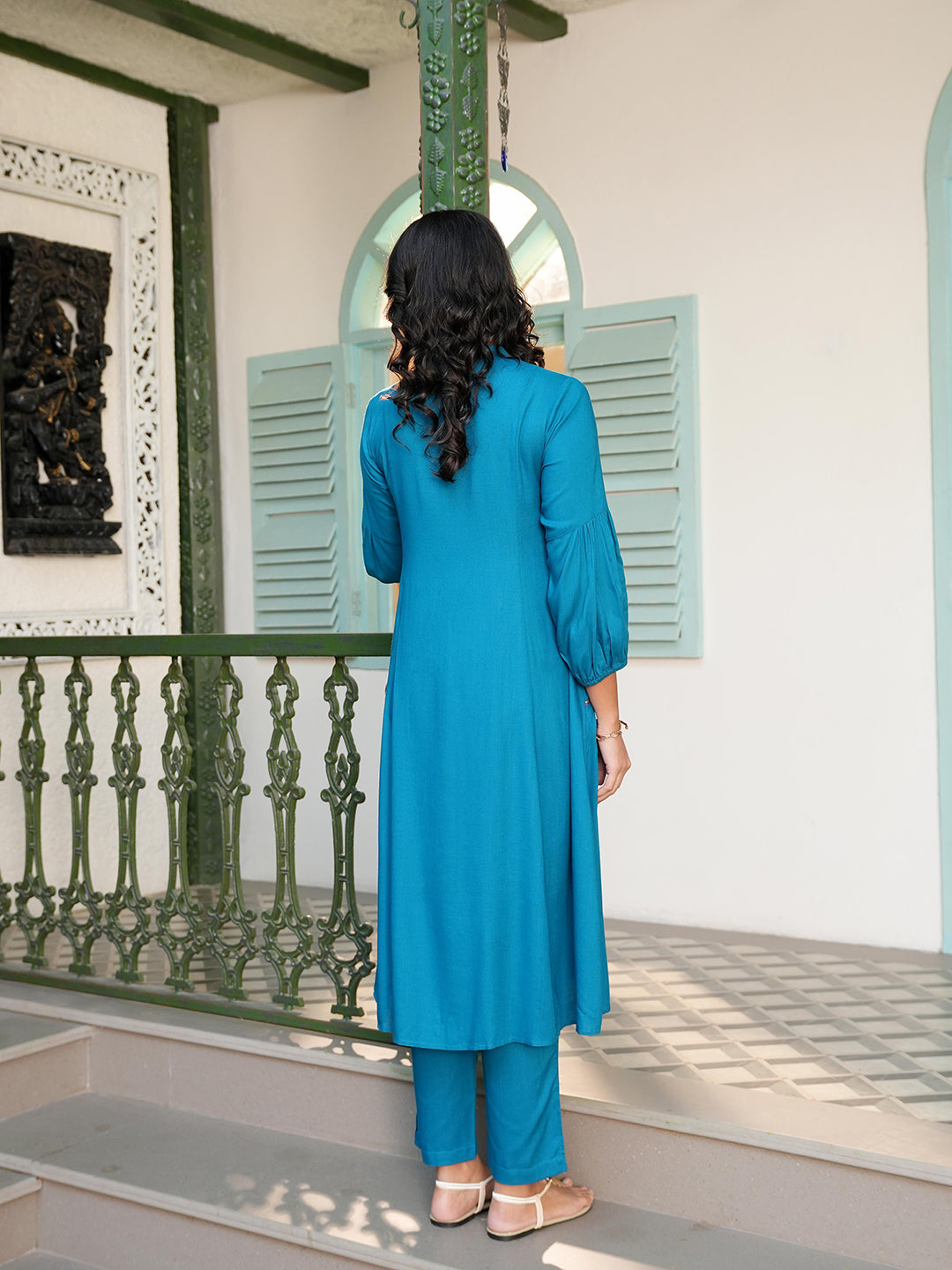 Teal Blue Rayon Embroidered Kurta Set