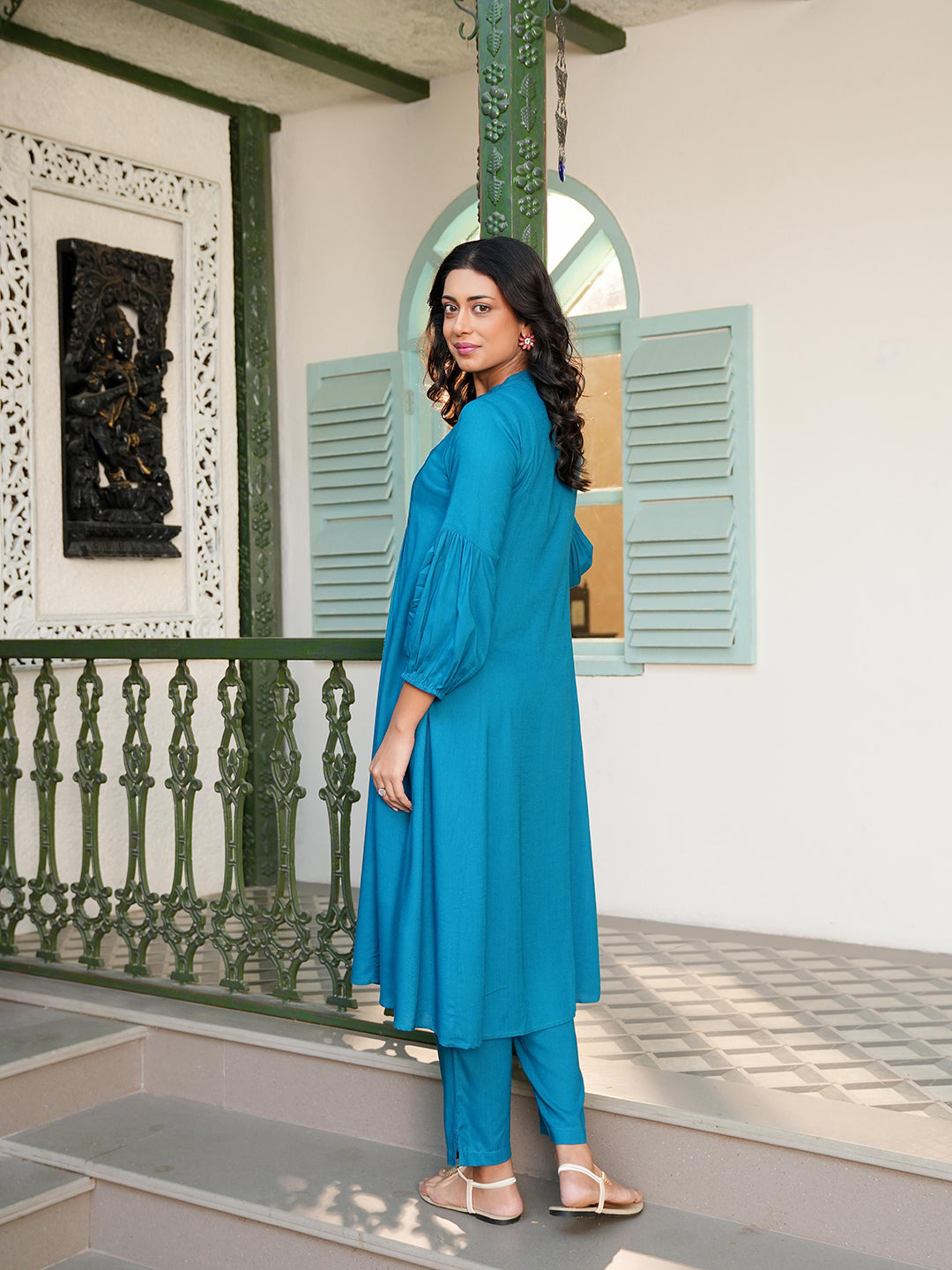 Teal Blue Rayon Embroidered Kurta Set
