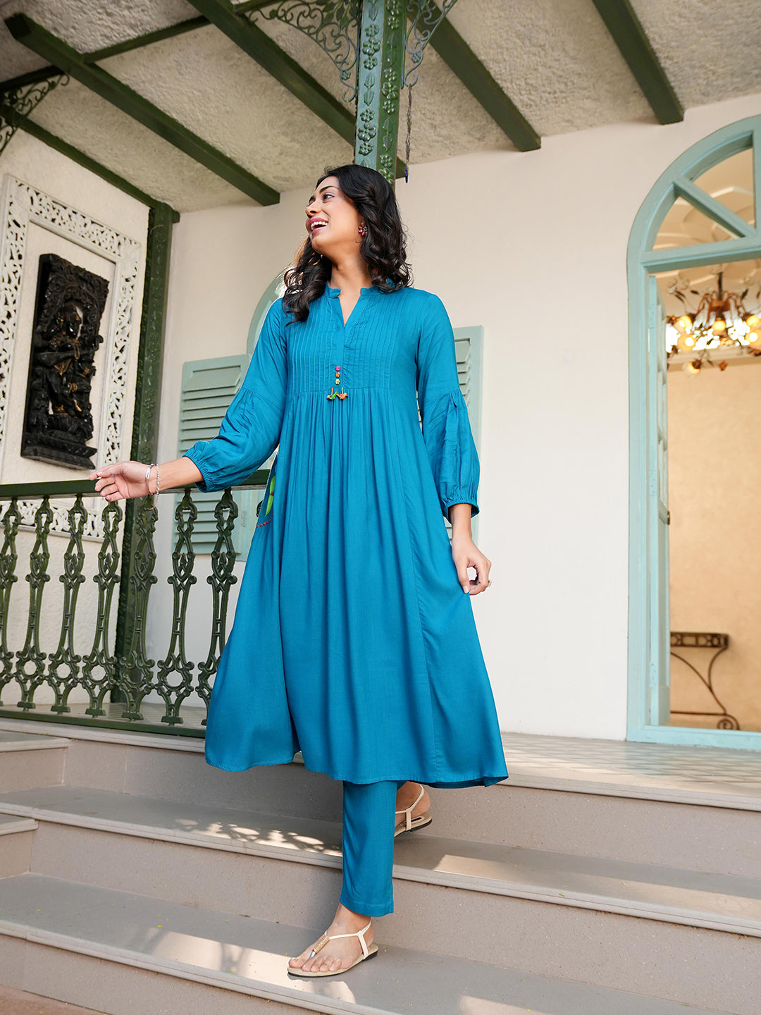 teal blue embroidered co-ord set